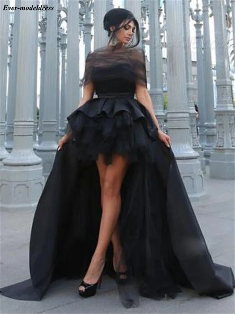 

Hi-Lo Black Prom Dresses Long A-Line Open Back Sweep Train Satin Formal Gowns Evening Party Gowns Vestidos De Festa