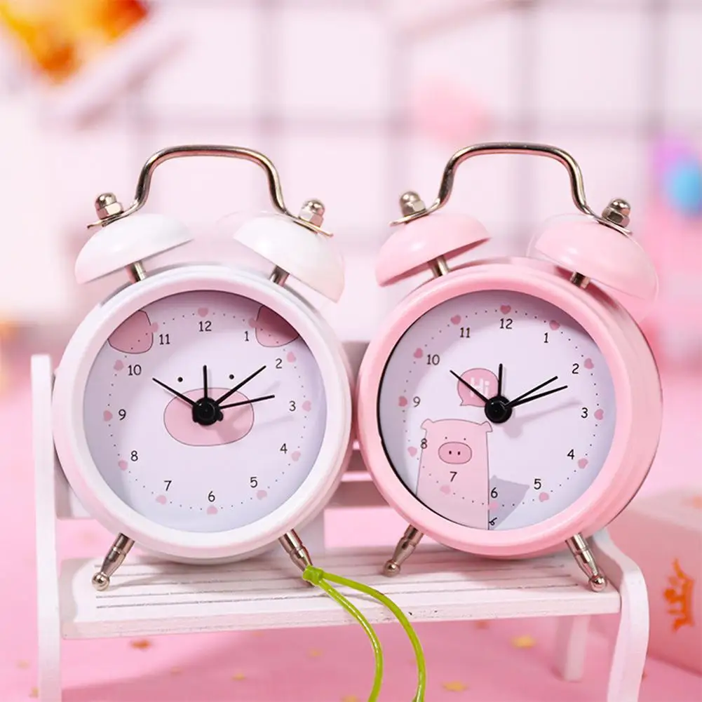 

DSstyles Round Portable Alarm Clock Cute Cartoon Pig Double Bell Alarm Clock Compact Digital Kids Students Metal Bed Table Clock