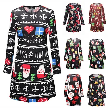 

2019 Casual Christmas Cartoon Dress Print Long Sleeve Autumn Winter Party Dress Vintage Women Knee-Length Dress Vestidos Robe