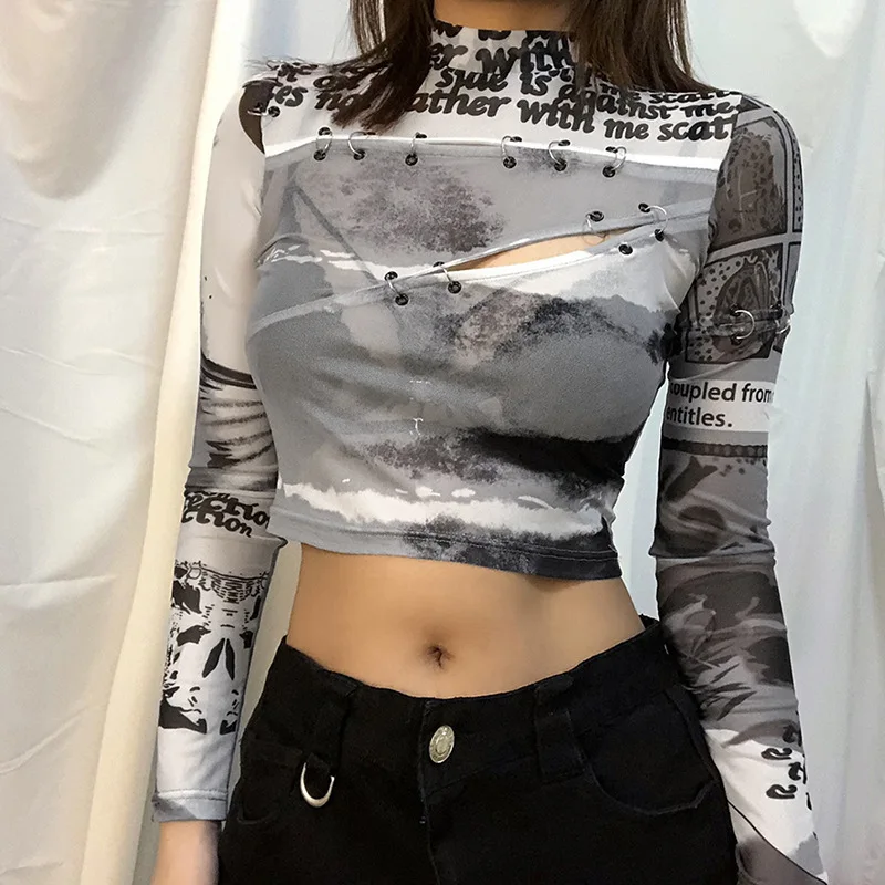 Women’s Casual Long-sleeved T-shirt Y2K Aesthetic Chic Tops Print Half High Collar Hollow Exposed Navel Slim Fit Gothic Top