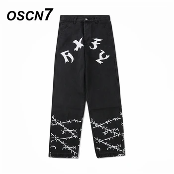 

OSCN7 Hip Hop Print Jeans Pants Men Brand High Street 2020 Japanese Streetwear Fashion Trend Elastic Band Denim Mens Pants 2101