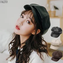 

Faleto Brand New Octagonal Cap Hats Female Autumn Winter Leather Panama Stylish Artist Painter Newsboy Caps Fashion Women Hat