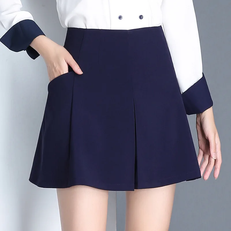 dark blue Женские осенние зимние свободные повседневные корейские широкие шорты с высокой талией, юбки для офисных леди, элегантные шикарные мини-шорты больших размеров 5XL - Цвет: dark blue