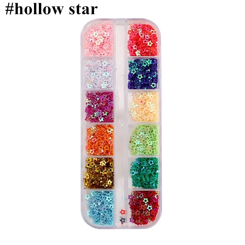 Hollow-Star Блеск для ногтей Русалка блестящий порошок 12 цветов смешать блестящие звезды сердце голографические блестки, стразы украшения ногтей маникюр - Цвет: Hollow-Star