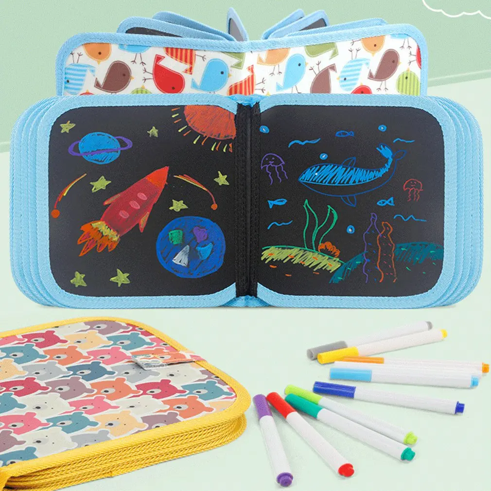

Children Portable Soft Chalk Board Drawing Book Magic Repeatable Wipe Traceless Chalk blackboard picture book Watercolor 12 Pen