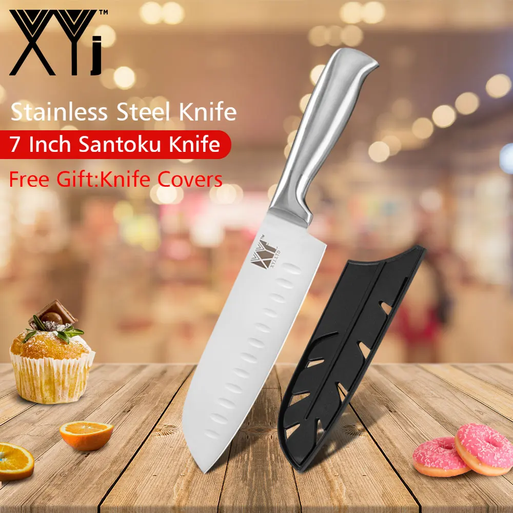 XYJ наборы кухонных ножей и Kinfe держатель точилка японский острое лезвие 7cr17 нержавеющая сталь ножи для шашлыков 8 шт. комплект пособия по кулинарии ин - Цвет: Santoku