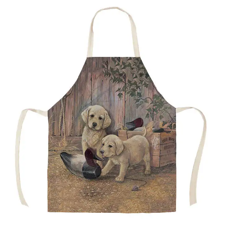 1Pcs Kitchen Apron Sketch black dog Printed Sleeveless Cotton Linen Aprons for Men Women Home Cleaning Tools 55*68cm