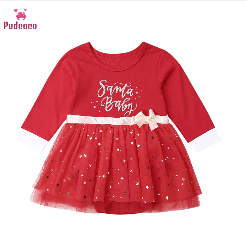 Pudcoco/; рождественское красное платье принцессы для новорожденных девочек; вечерние платья-пачки с длинными рукавами и бантом и блестками; рождественские костюмы со звездами
