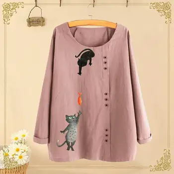 

ZANZEA Women Long Sleeve Tunic Tops Spring Cat Printed Blouse Vintage Casual Cartoon Cotton Party Shirts Female Blusas Chemise