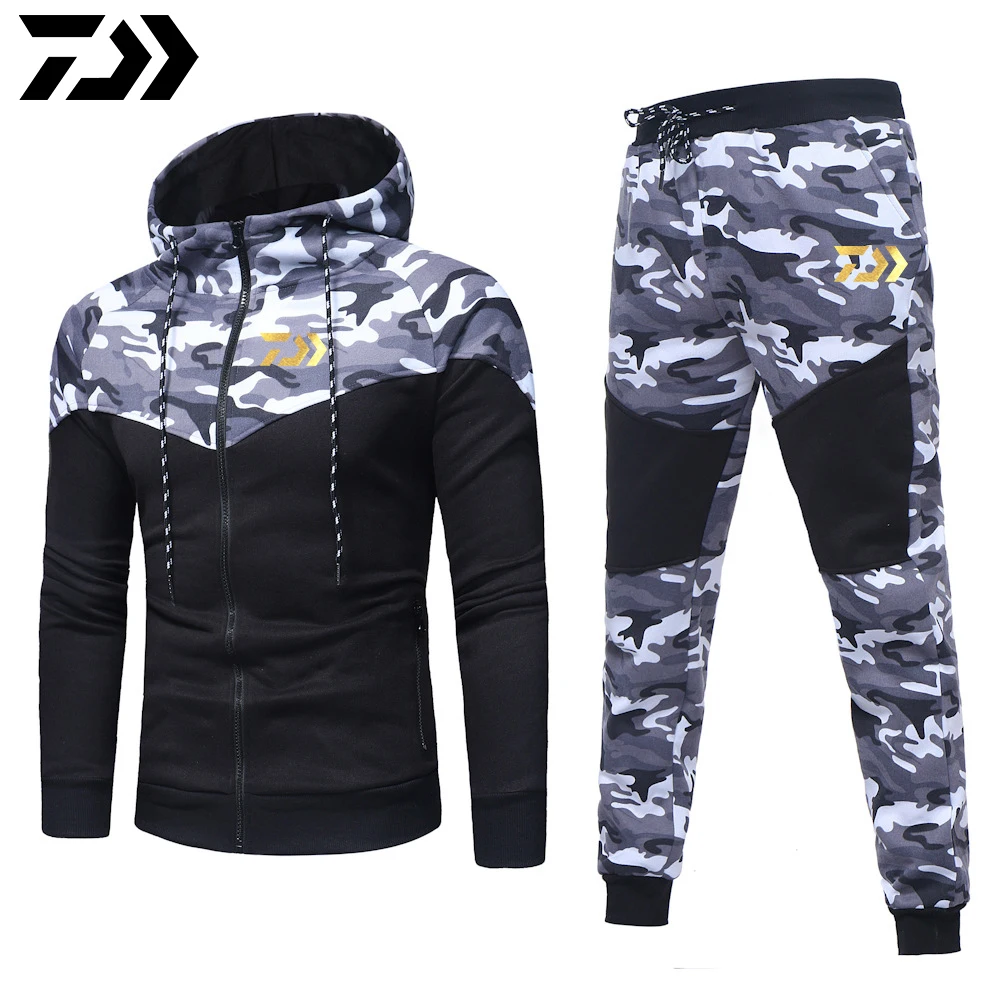 Daiwa Fishing Suits Outdoor Breathable Full Sleeve Fishing Hoodie Elastic Pants Sports Camouflage Set Men Fishing Clothes