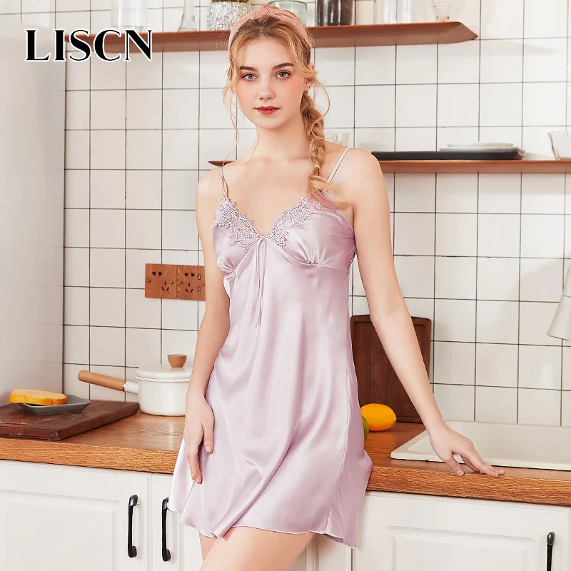 LISCN, красное Женское ночное платье, женская шелковая ночная рубашка, пижама, женский сексуальный халат, v-образный вырез, без рукавов, кружевной подол