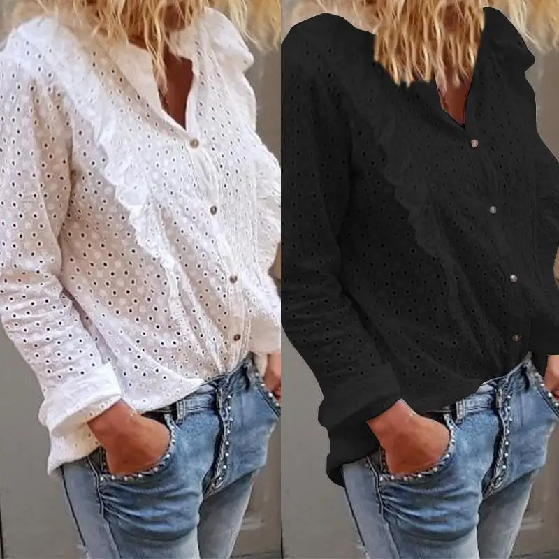  ZANZEA Embroidery Blouse Women Elegant Ruffles Shirt Sexy Hollw Out Loose Solid Tops Work Office La