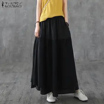 

ZANZEA Bohemian Summer Skirts Women Elastic Waist Solid Long Skirts Jupe Beach Skirts Faldas Saia Female A-line White Skirt 5XL