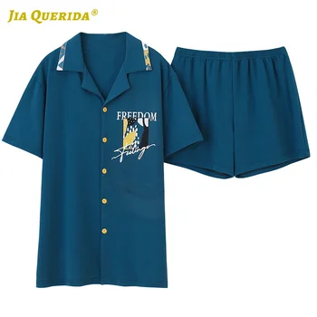 

Blue Man Short Sleeve Short Pants Sleepwear Fashion Style Casual Style Pajama Set Pj Set Man Clothes Turn Down Collar Summer