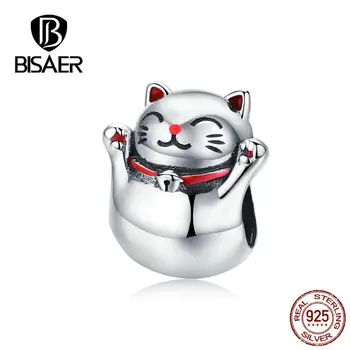 

BISAER Cat Beads 925 Sterling Silver Maneki Neko Lucky Plutus Cat Beads Charms fit DIY Bracelets Silver 925 Jewelry ECC1178