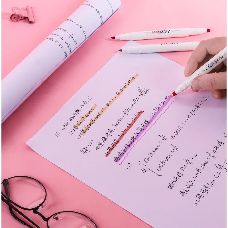 5pcs Mild Color Highlighter Liner Pens Set Double tip Bold Fine Friendly Fluorescent Marker Lettering Drawing Office School F782