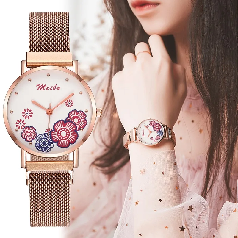 

Fashion Women Watches Flowers Printed Small Fresh Quartz Watch Women Rose Gold Stainless Steel Strap Watch Ladies Reloj Mujer