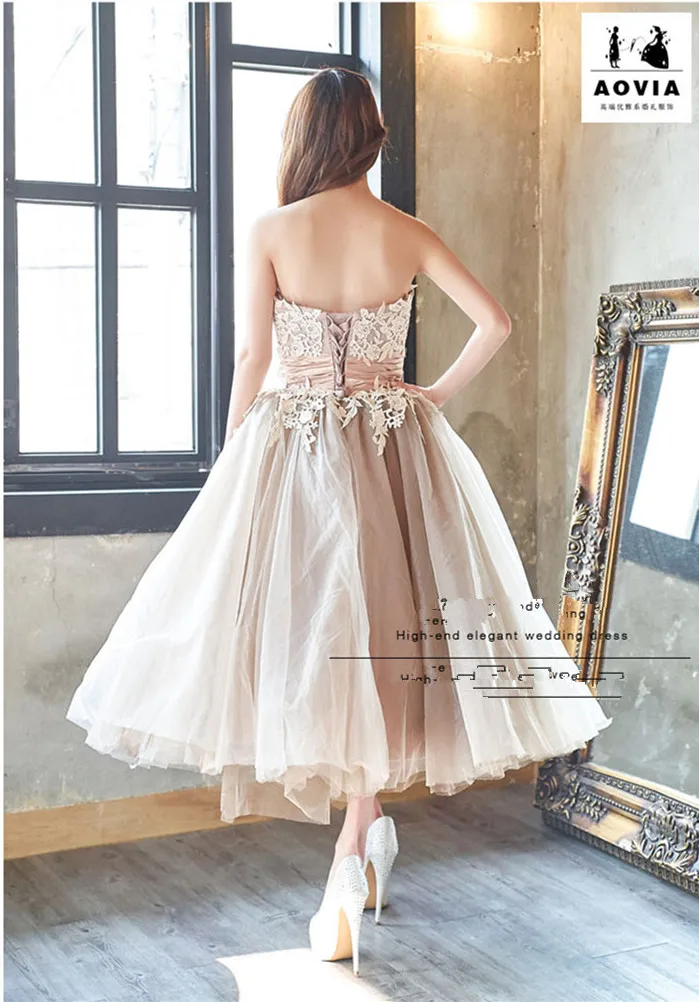 lace appliques sleeveless Party gowns tea-length Prom fast shipping new sexy strapless for graduation bridesmaid dresses