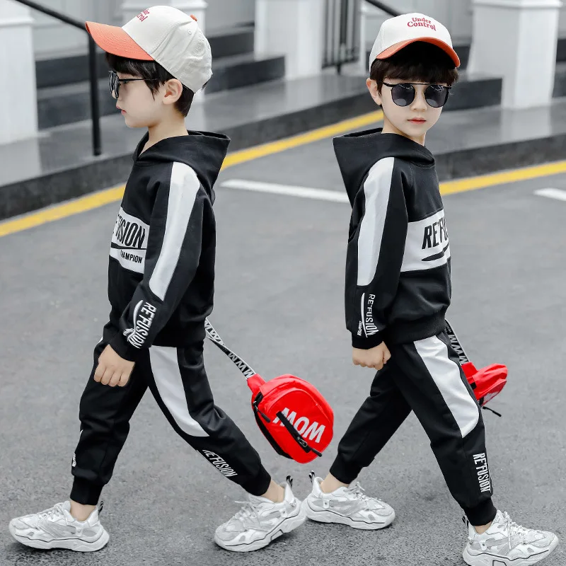 

BOY'S Black And White Set Sportswear Student Uniform 2020 New Style Spring And Autumn Big Boy Hoodie Two-Piece Set