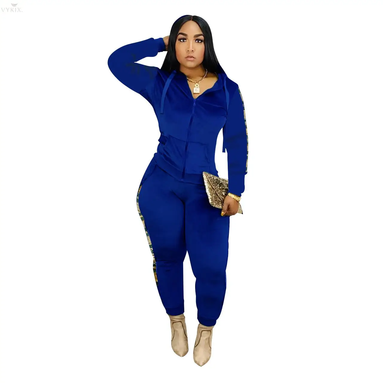 

Women Set Full Sleeve Hooded Suit Velvet Two Piece Set Top And Pants Solid Sequined Patchwork Fitness Tracksuit Women Outfits