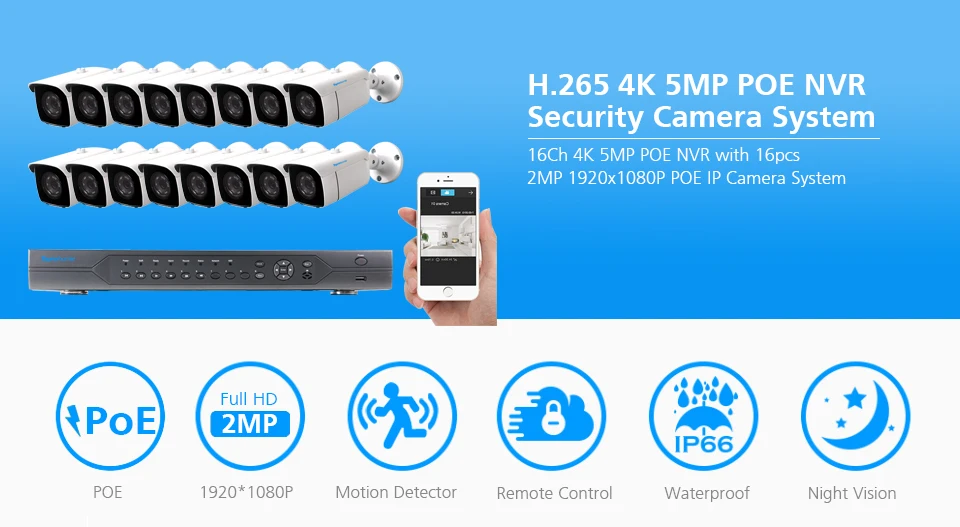 Toprohoime H.265+ 16CH 5MP POE NVR CCTV Системы 2MP 1080P камеры безопасности наружного аудио записи IP Камера 16CH комплект видеонаблюдения 4T