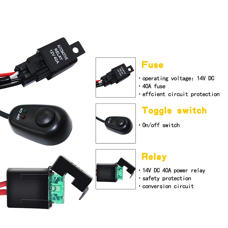 Car Auto 2m Cable Wiring Harness Kit with 40A 12V ON / OFF Fuse Switch for Up to 180W 2 LED Fog Light Bar