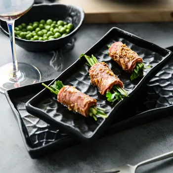 

Japanese Art Frosted Ceramic Black Sushi Dessert Plate 12 Inch Luxury Retro Rectangular Fish Soup Main Dish Soup Bowl L Embossed