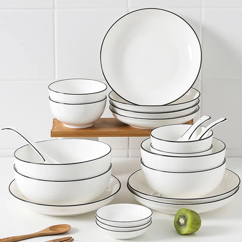 Black Rim White Ceramic Dinner Tray, Kitchen Plate, Tableware, Food Dishes, Soup Bowl, Kitchen Cook Tool, 1 Piece Sale