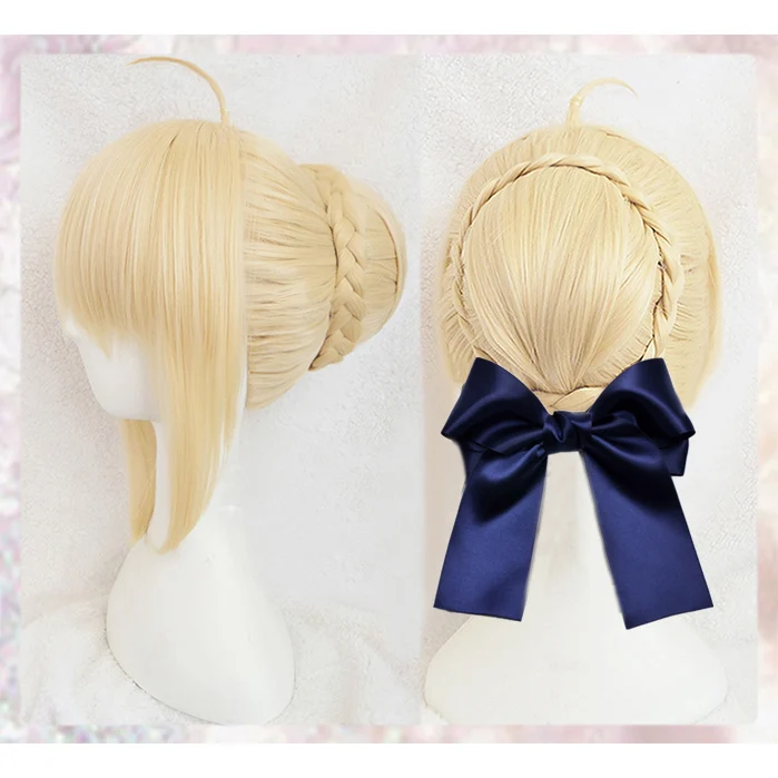FGO Fate/stay night Arturia Pendragon Saber With Bun Wig Blonde Styled Cosplay Full Hair Wigs + Bow Hairpins