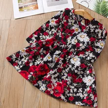 Детское платье Детское хлопковое и льняное платье с цветочным принтом и длинными рукавами для девочек весенне-летние платья для маленьких девочек