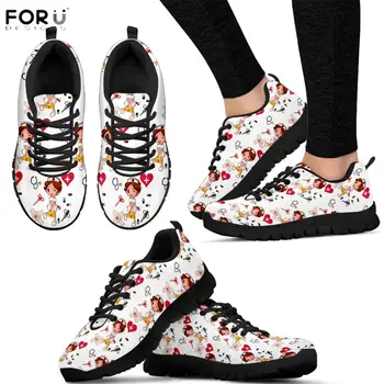 

FORUDESIGNS Nursing Shoes for Women Cute Cartoon Nurse Pattern Shoes Women Breathable Lightweight Flats Sneakers Ladies Shoes