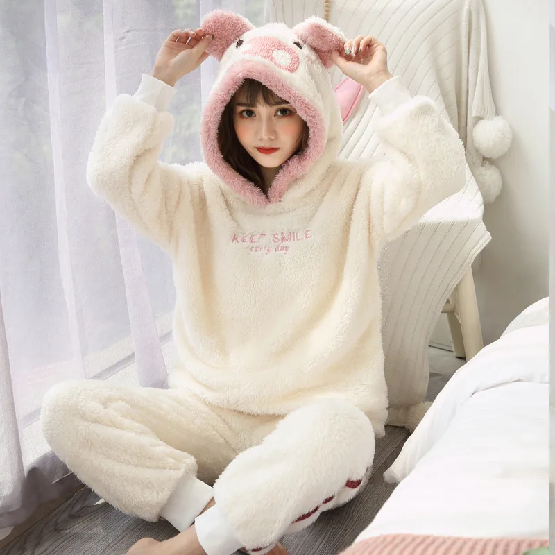 

Coral Velvet Pajamas Women's Autumn & Winter Cute Online Celebrity-Hooded Two-Piece Set Thick Warm Flannel Tracksuit
