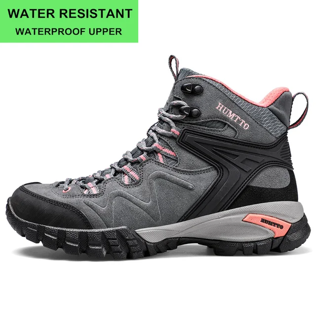HUMTTO Woman Hiking Shoes Outdoor Mountain Camping Waterproof Sneakers for Women Leather Sport Hunting Climbing Trekking Boots Grey 210350B