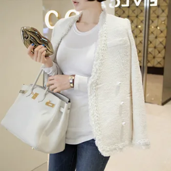 

High Quality 2019 Autumn Winter Elegant Blends Beading Jacket Coats Women Luxury Brand Designer Pearl Button Runway Outerwear