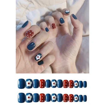 

ENDRRFLLA 24pcs ArtBean Paste Color Decor Flower Full Cover False Nails Tips Adhesive Removable Nail Art Fake Nail Beauty