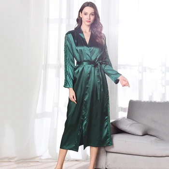 

Silk Satin Kimono Robes Nightgown Female V-Neck Long Sleeve Pajamas Lounge Long Lace Nightwear Bridesmaid Wedding Party Dressing