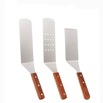 3PCS High-grade Stainless Steel Wooden Handle Frying Shovel Kitchen Japanese Cooking Shovel Steak Shovel Kichen Accessories