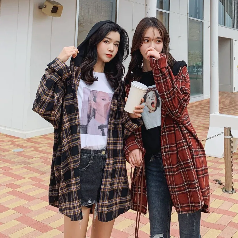 

Photo Shoot Fashion Cool Hip Hop Retro Plaid Contrast Color Hooded Single-Breasted Mid-length Loose And Plus-sized BF Shirt Coat