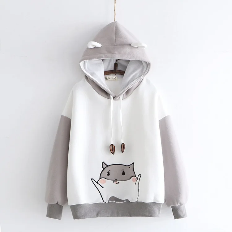 Осень Зима японский стиль Kawaii Теплые Кофты для женщин милый мультфильм Хомяк печати толстовки с капюшоном студентов Сладкий хит цвет Топы