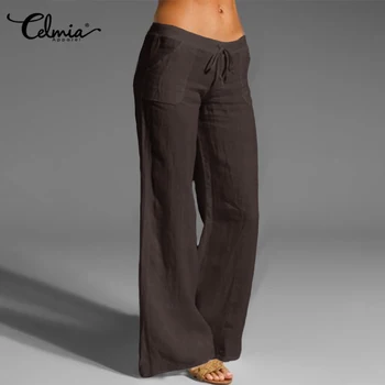 

2020 Celmia Women Vintage Pants Long Palazzo Fashion Casual Loose Wide Leg Pants Elastic Waist Trousers Plus Size Pantalon Femme