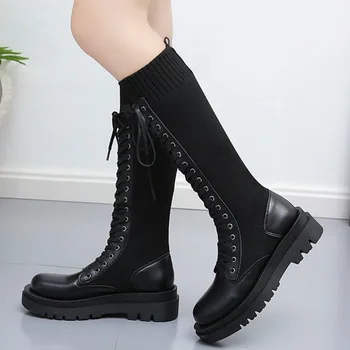 Lace Up Knitted Leather Boots  2