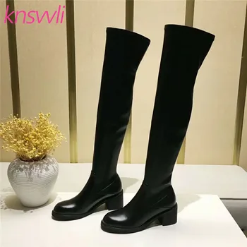 

Knsvvli Stretch Thigh High Boots Woman Round Toe Leather Shoes Woman Chunky High Heel Over The Knee Boots Women Zapatos De Mujer