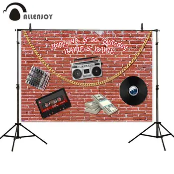 

Allenjoy Adult Birthday Decor Photocall Red Brick Wall Radio CD Banknote Golden Necklace Wall Decor Disco Party Background Cloth