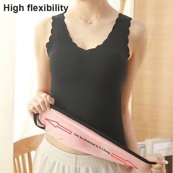 

Velvet Thermals Lace Sleeveless Inner Wear Women Fleece Lined Underwear Tops Cami Tank Top Vest with Removable Chest Pad B