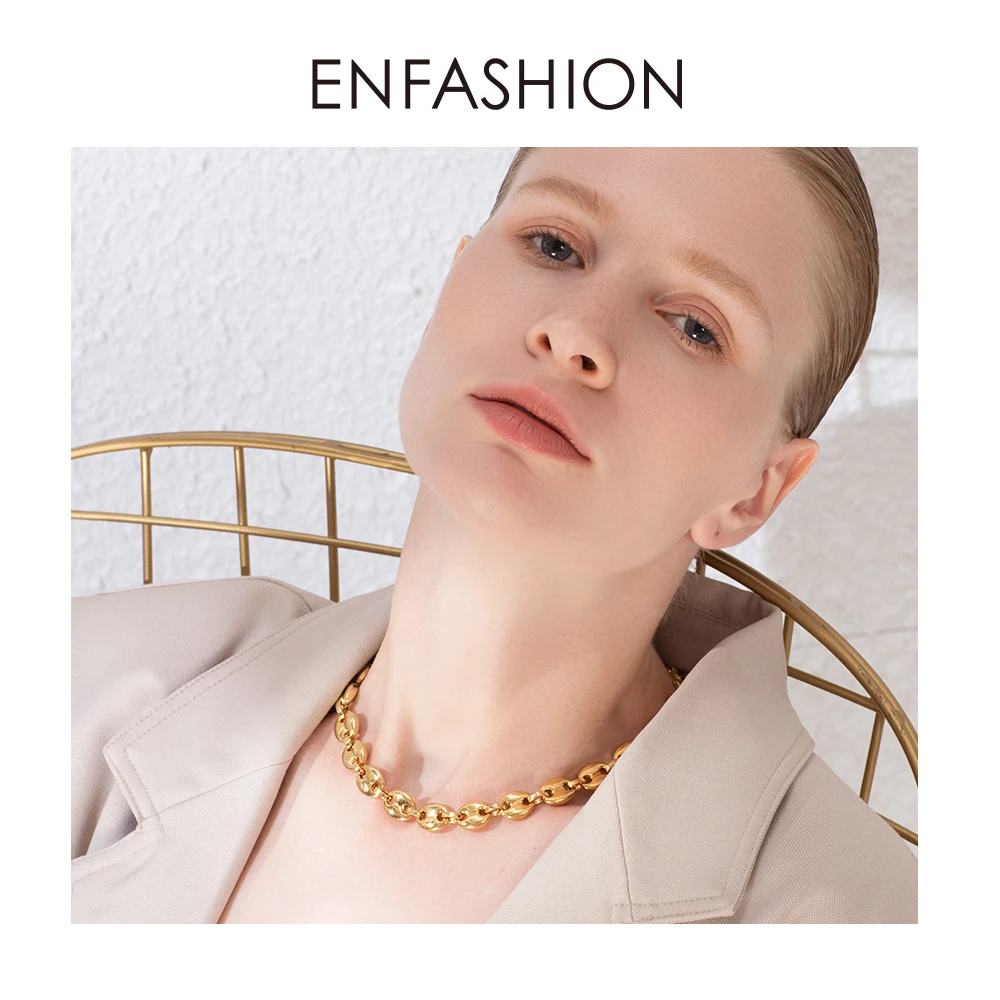 Baratos Enmoda Punk café granos enlace cadena gargantilla collar mujer Acero inoxidable Color oro Hip Hop Rock collares para hombre, joyería P3022