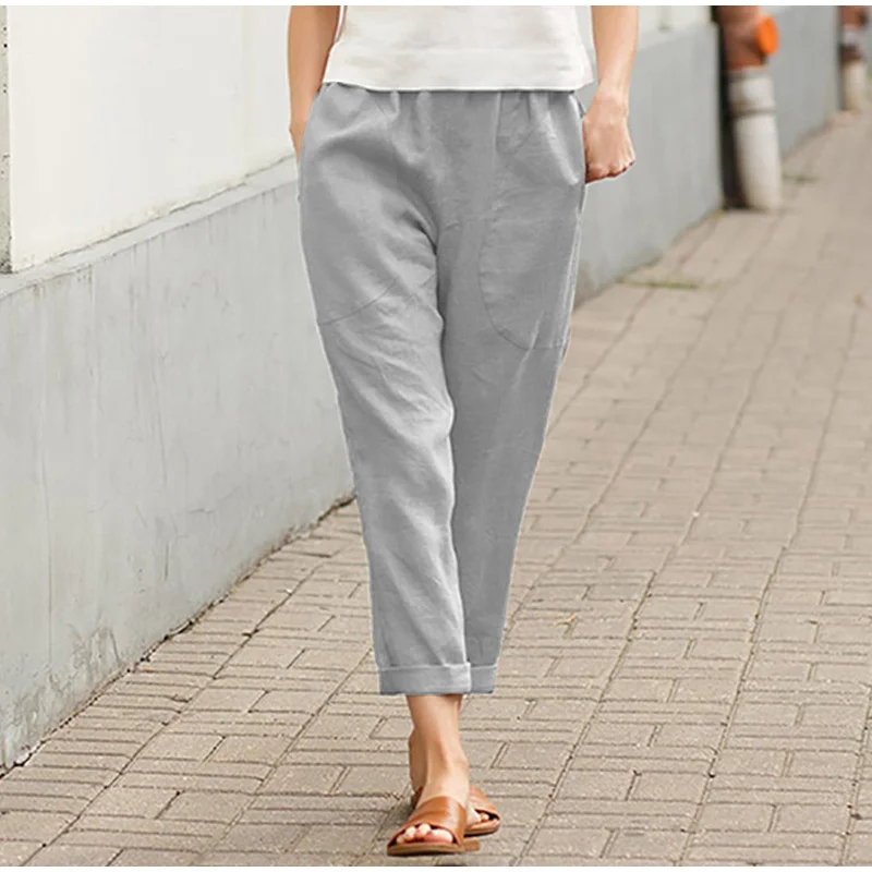 leather pants Cotton Linen Big Pocket Thin Women's Pants Solid Elastic Waist Pant For Women 2021 Summer Straight White Homewear Trousers capris