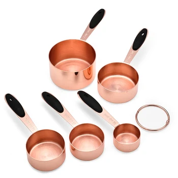 

Set Of 5 Stainless Steel Acacia Rose Gold Measuring Cups with Wooden Handles, Gorgeous and Durable, Mirror Polished, Suitable fo