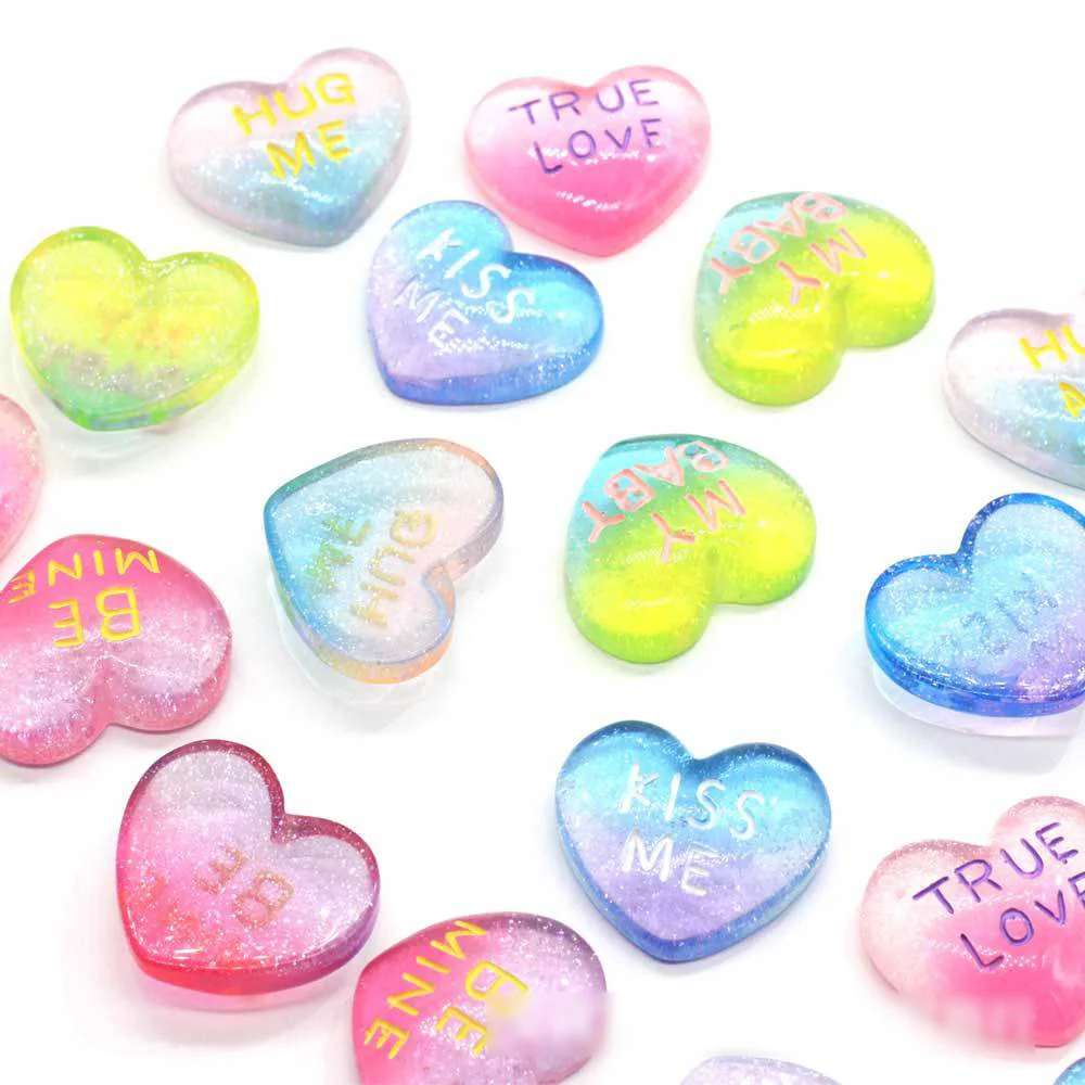 

10Pcs Lovely Glitter Gradient Heart Falt back Resin True Love Cabochons Scrapbooking for Phone Hair Bows DIY Crafts Accessories