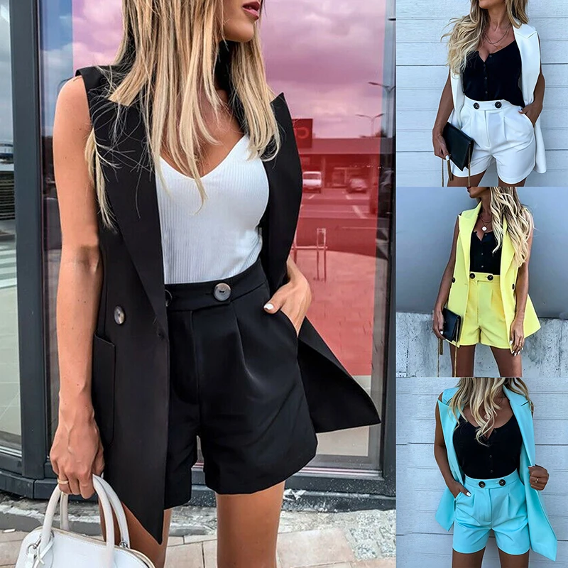 plus size pant suits Women Two-Piece Suit Waistcoat And Shorts Set Solid Color Vest Coat Single Button Yellow Sleeveless Blazers With Shorts Suit sweat suits women
