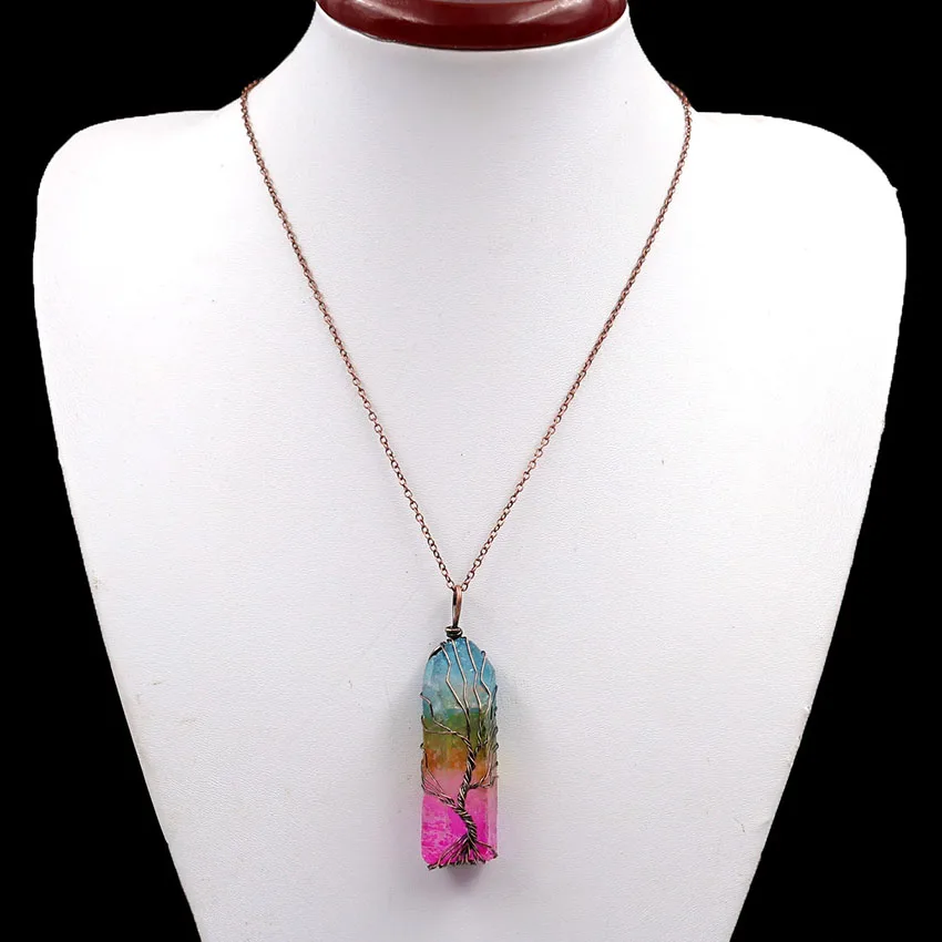 Vintage Irregular Natural Stone Crystal Pendant Necklace Women Men Wire Wrap Tree of Life Pendants Pendulum Gems Rainbow Jewelry